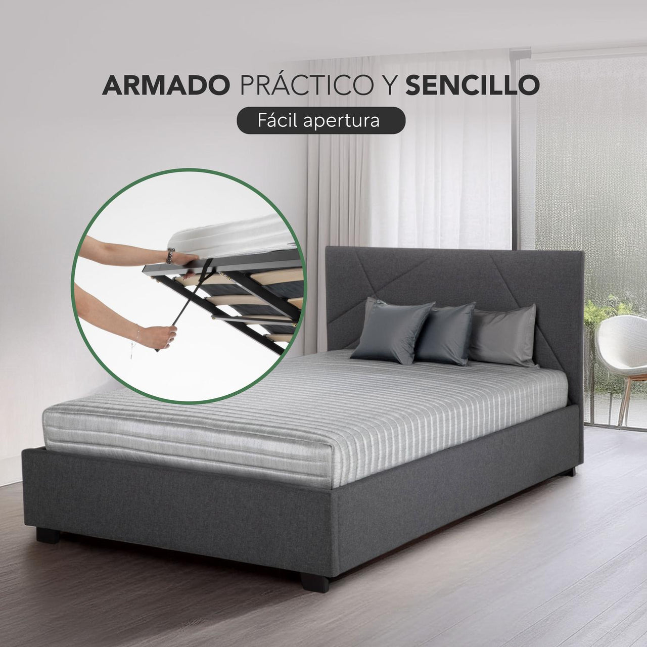 Base De Cama Abatible Individual Box + Cabecera Con Tapiz