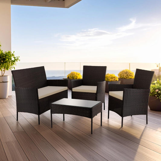 Sala para Exteriores Jardin de Mimbre Negro Cojines Beige