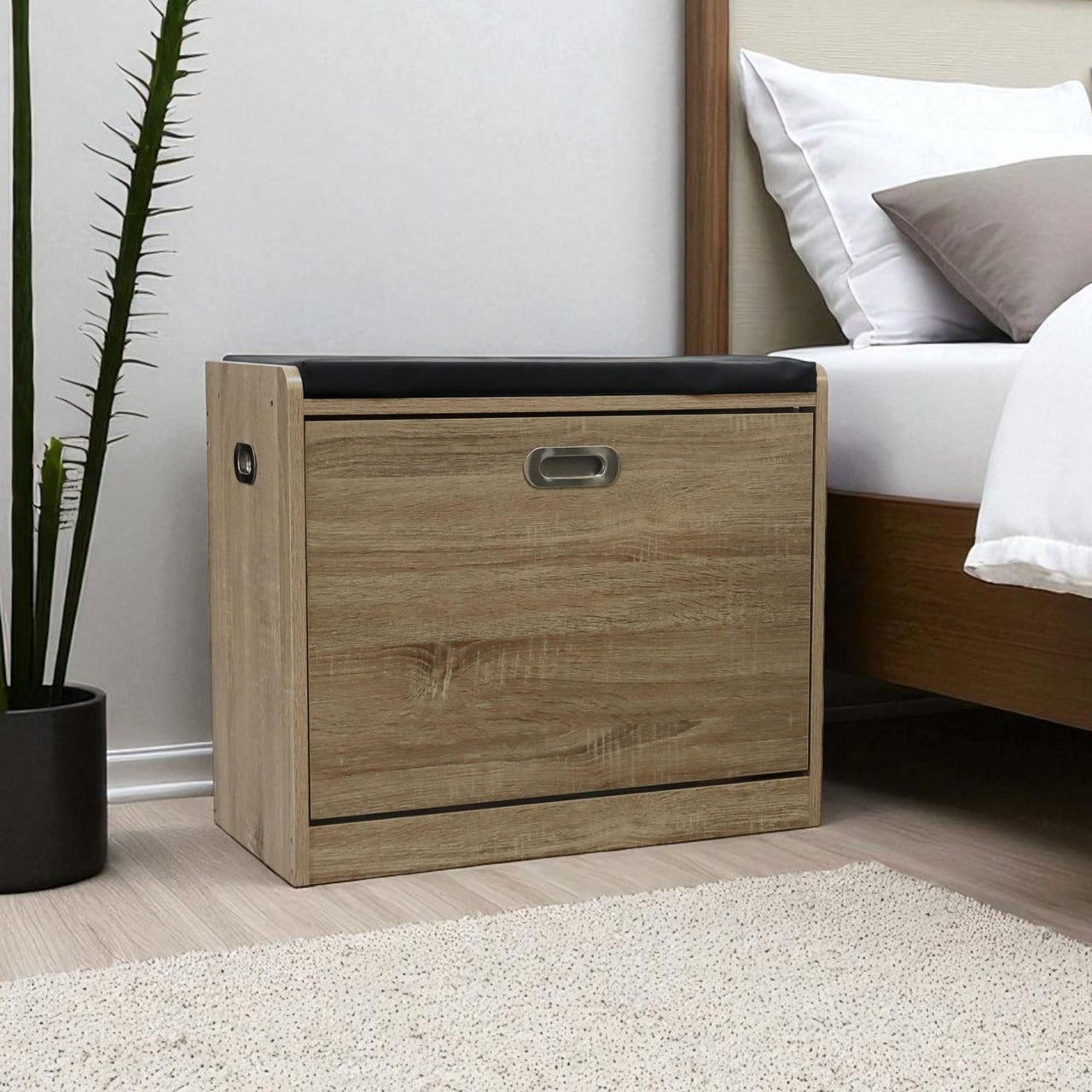 Mueble Zapatero Moderno con Banco y Cojín de Madera Clara