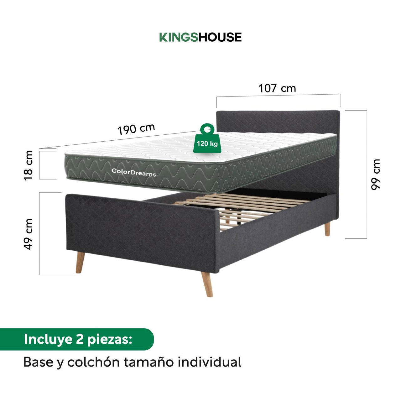 Base Cama Con Cabecera + Colchón Memory En Caja Individual