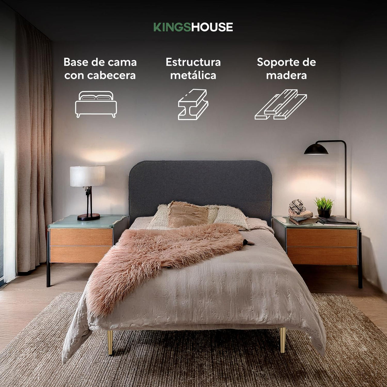 Base Cama Individual Con Cabecera Tapizada Box Metal Madera