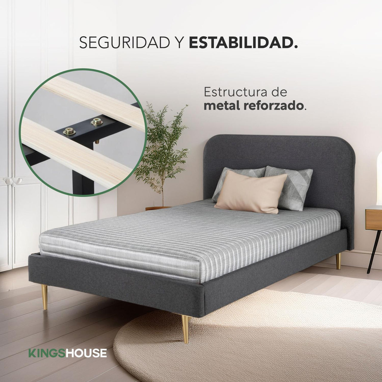 Base Cama Individual Con Cabecera Tapizada Box Metal Madera