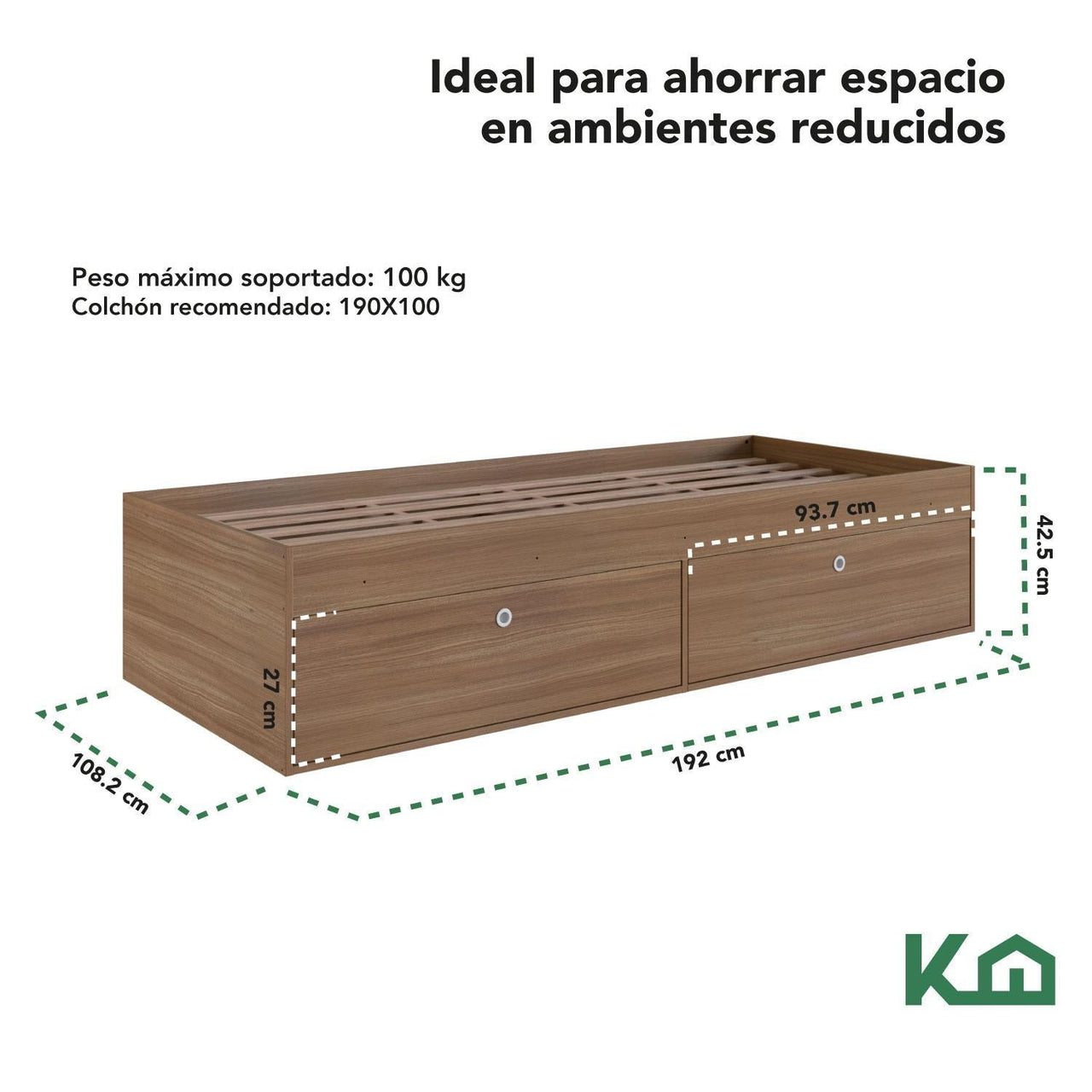 Base Cama Individual Con Cajones KingsHouse Recamara