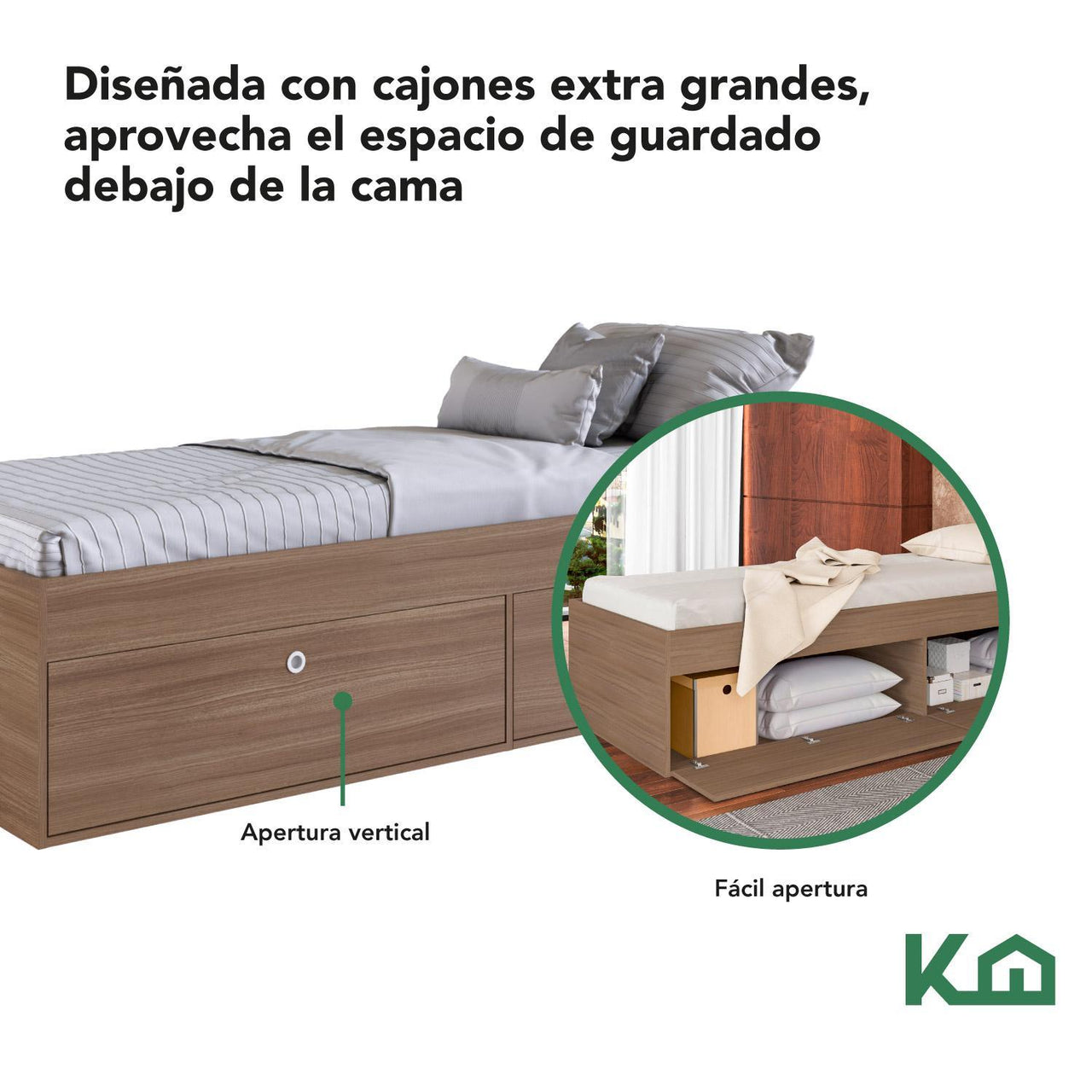 Base Cama Individual Con Cajones KingsHouse Recamara