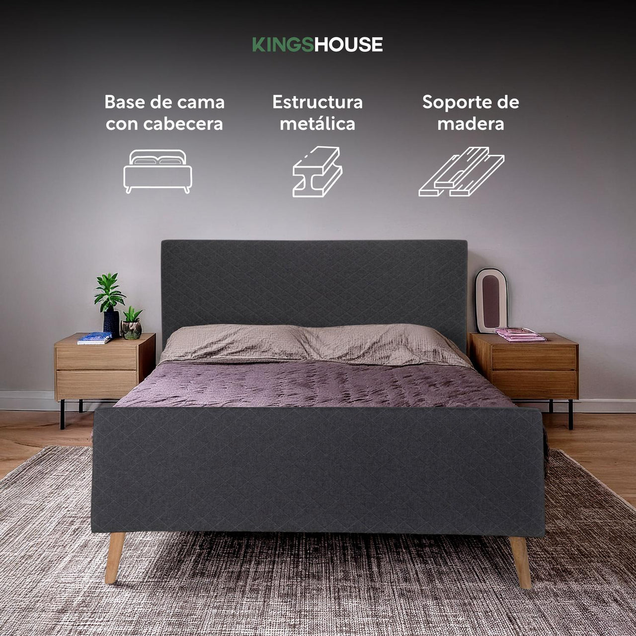 Base Cama Matrimonial + Cabecera Tapizada Box Para Colchón