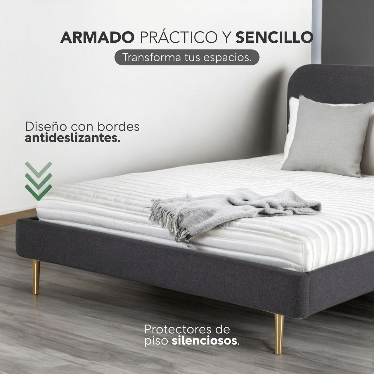 Base Cama Matrimonial Con Cabecera Tapizada Box Metal Madera