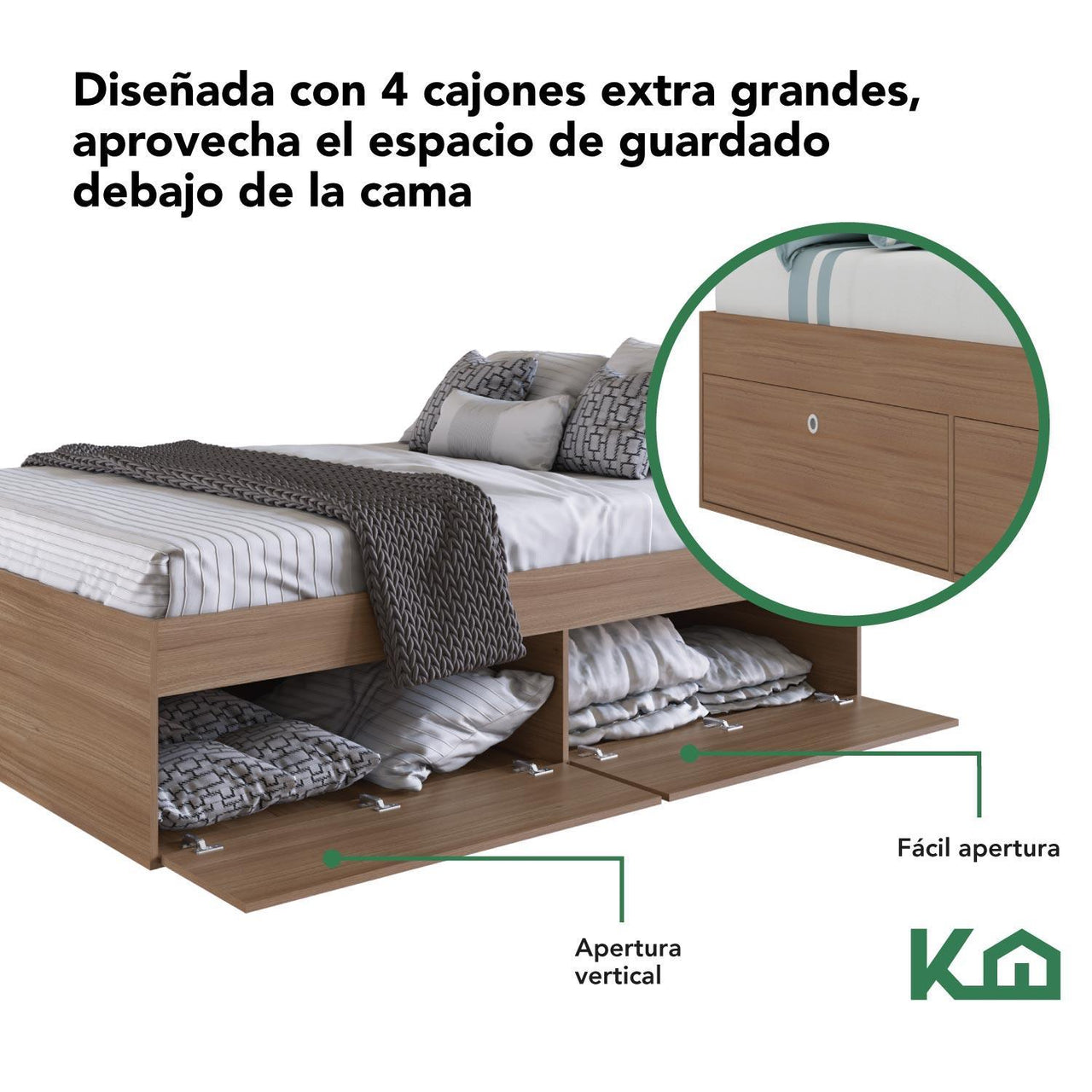 Base Cama Matrimonial Con Cajones Compartimientos KingsHouse
