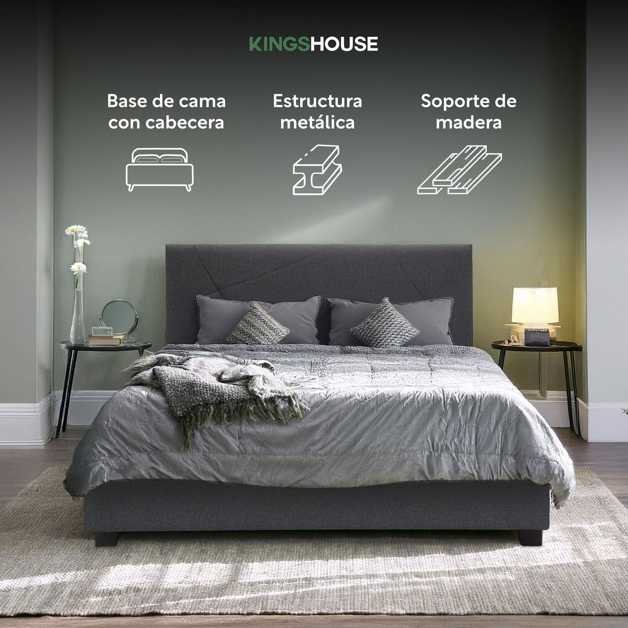 Base De Cama Abatible Matrimonial Box + Cabecera Con Tapiz