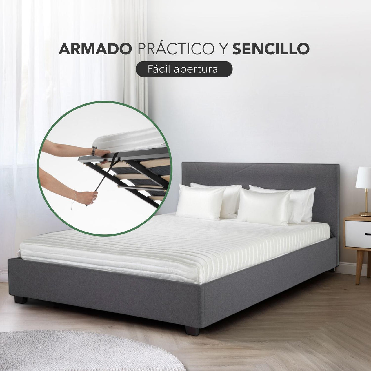 Base De Cama Abatible Matrimonial Box + Cabecera Con Tapiz