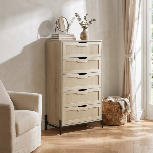 Cómoda Cajonera Moderna con 5 Cajones de Madera y RatánSH5RATN-MAD