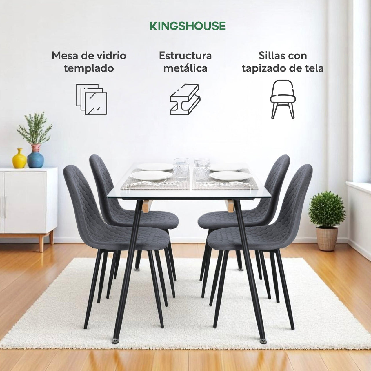 Juego De Comedor 4 Sillas Tapizado Mesa Vidrio Estilo Eames