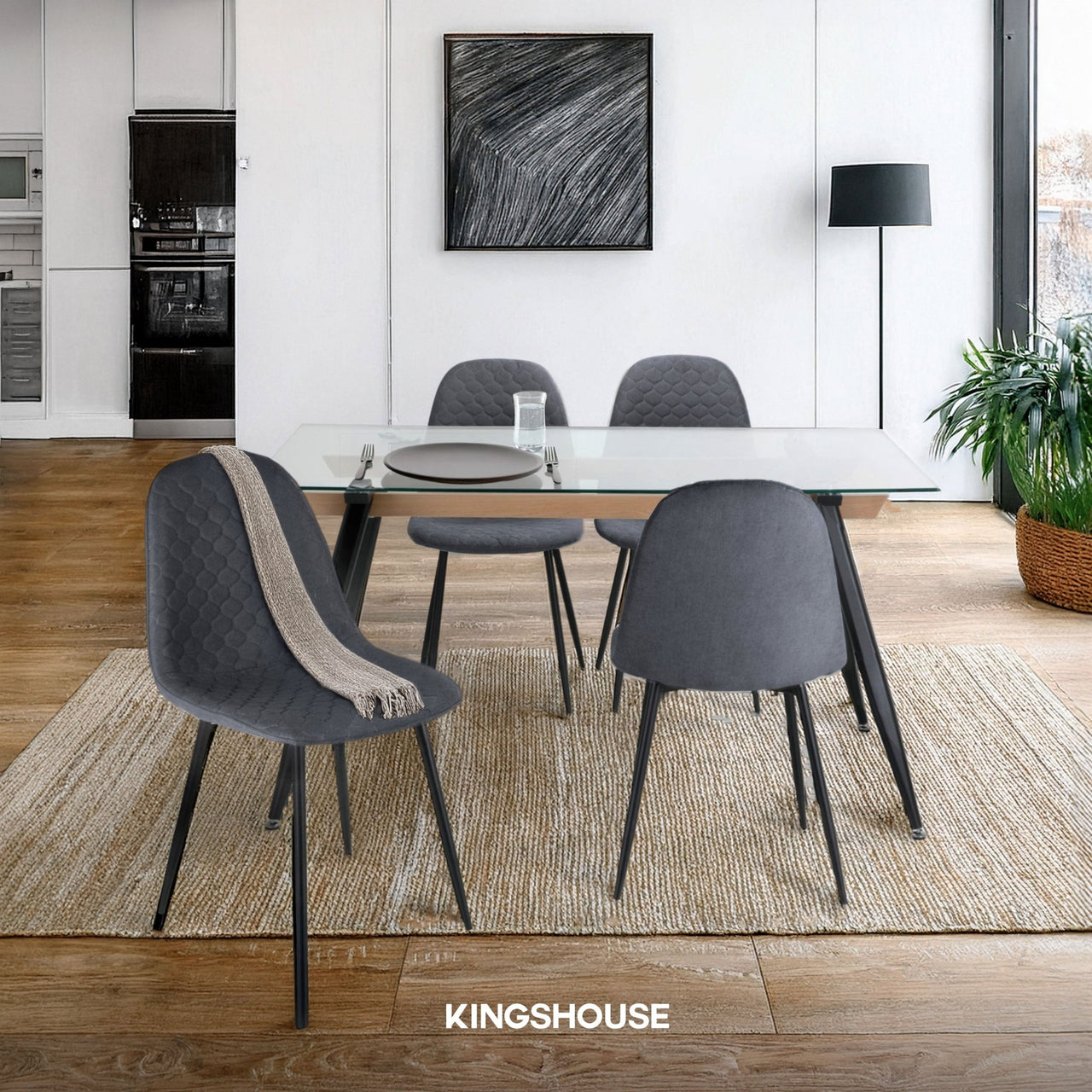 Juego De Comedor 4 Sillas Tapizado Mesa Vidrio Estilo Eames