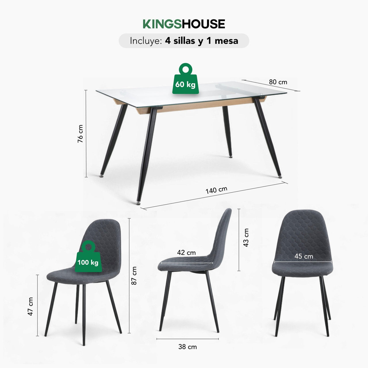Juego De Comedor 4 Sillas Tapizado Mesa Vidrio Estilo Eames