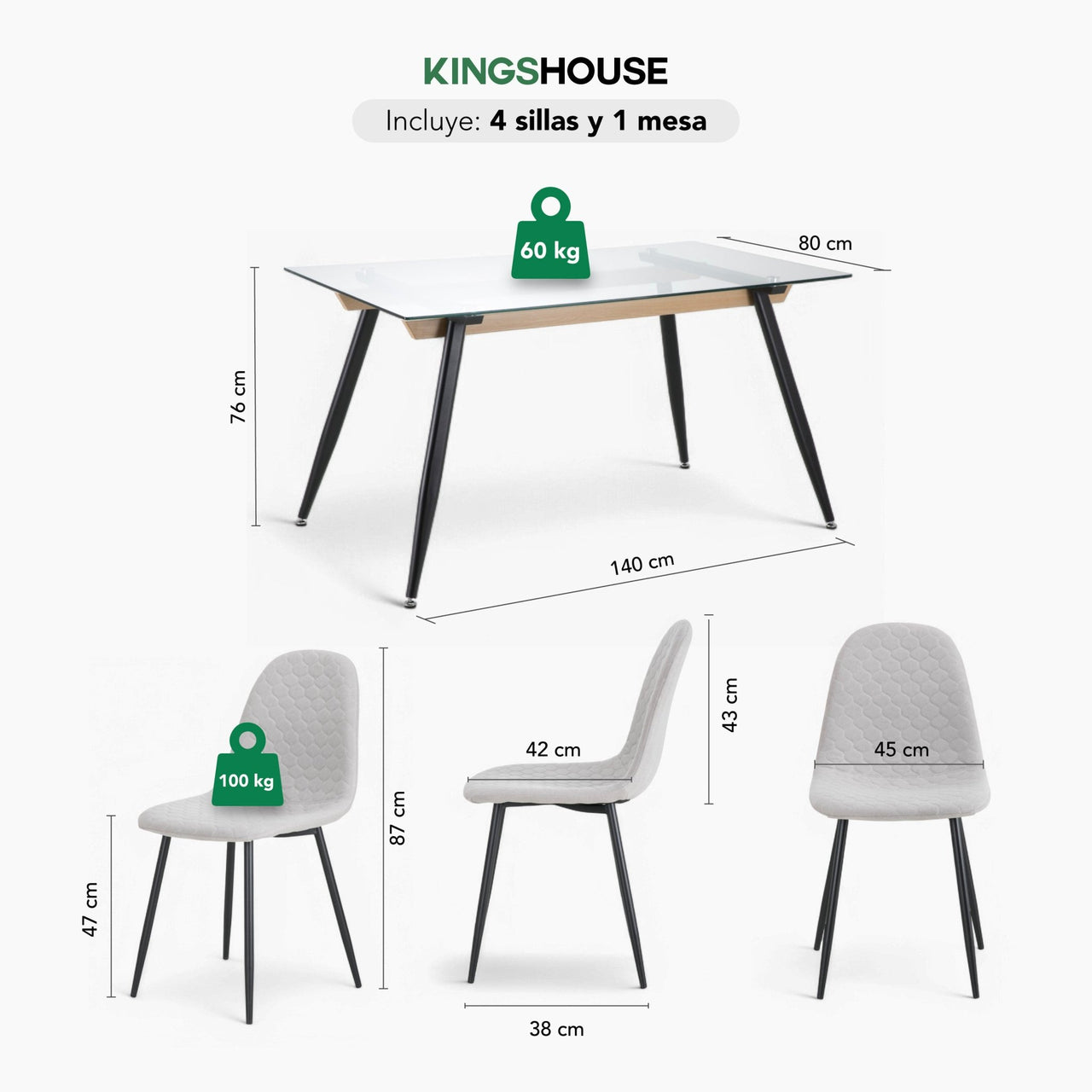 Juego De Comedor 4 Sillas Tapizado Mesa Vidrio Estilo Eames