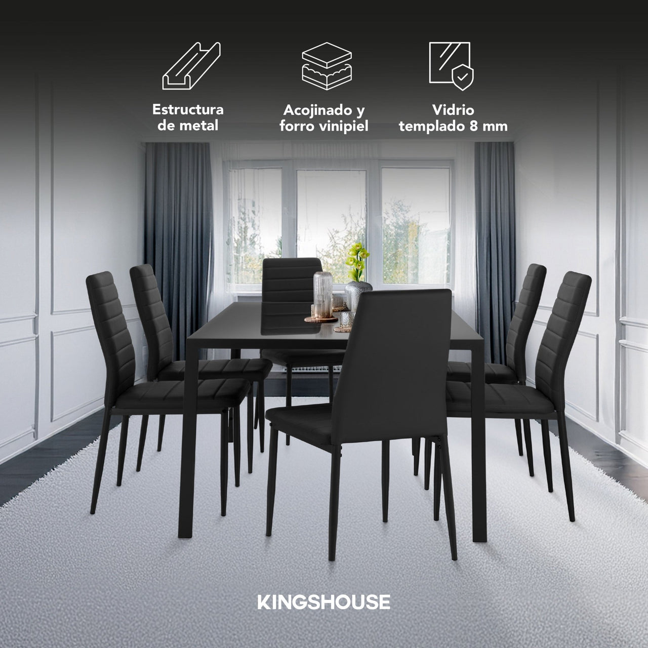 Juego De Comedor 6 Sillas y Mesa De Vidrio Templado Moderno