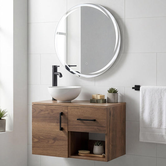 Mueble Flotante Baño con Lavabo + Espejo Redondo LEDBATHSET-MAD