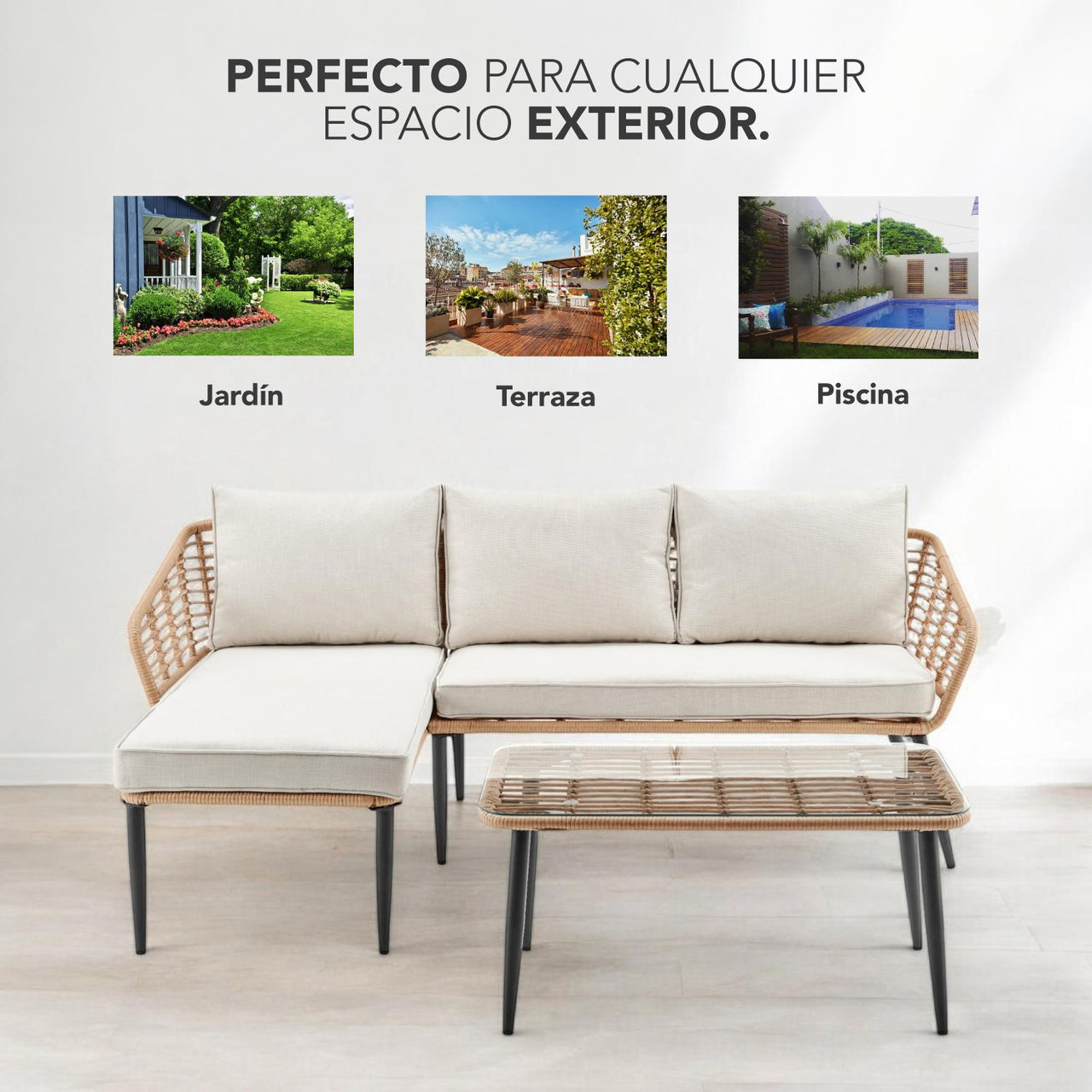 Sala L Esquinera Jardín Mimbre Ratán Sillón + Mesa Exterior