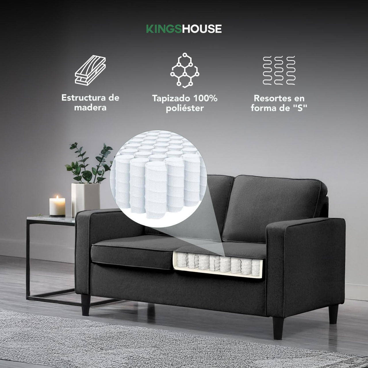 Sofá Sillón Loveseat 2 Plazas Sala Moderna Madera + Cojines