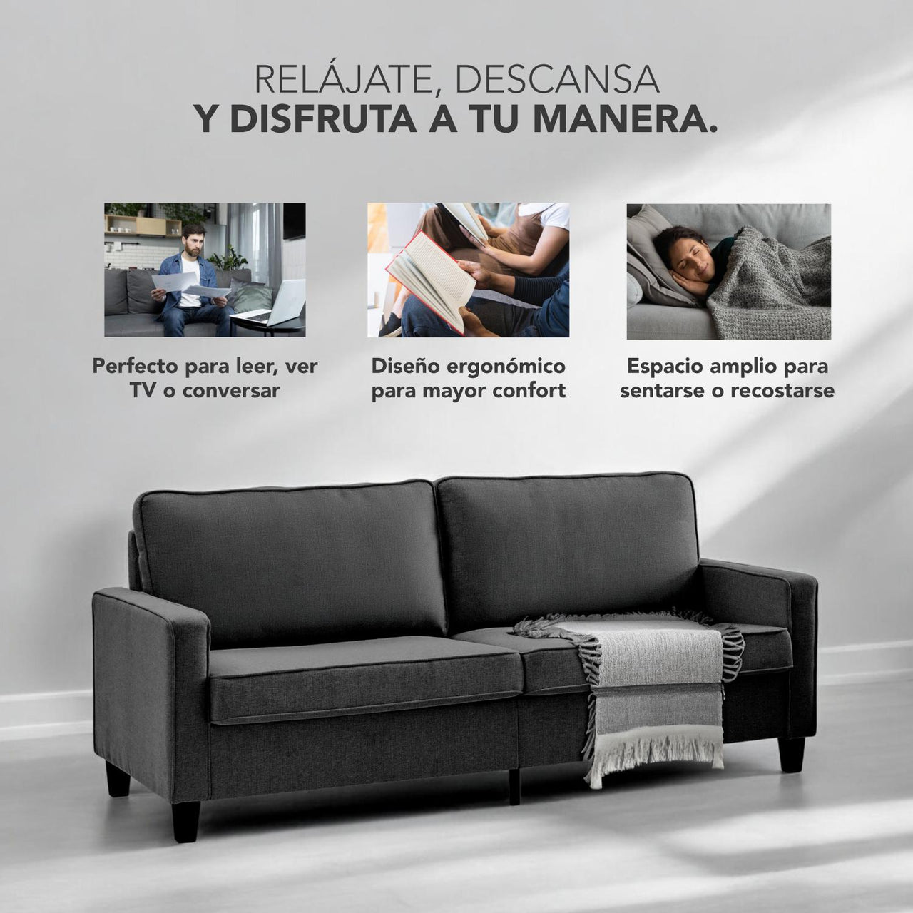 Sofá Sillón Loveseat 3 Plazas Sala Moderna Madera + Cojines