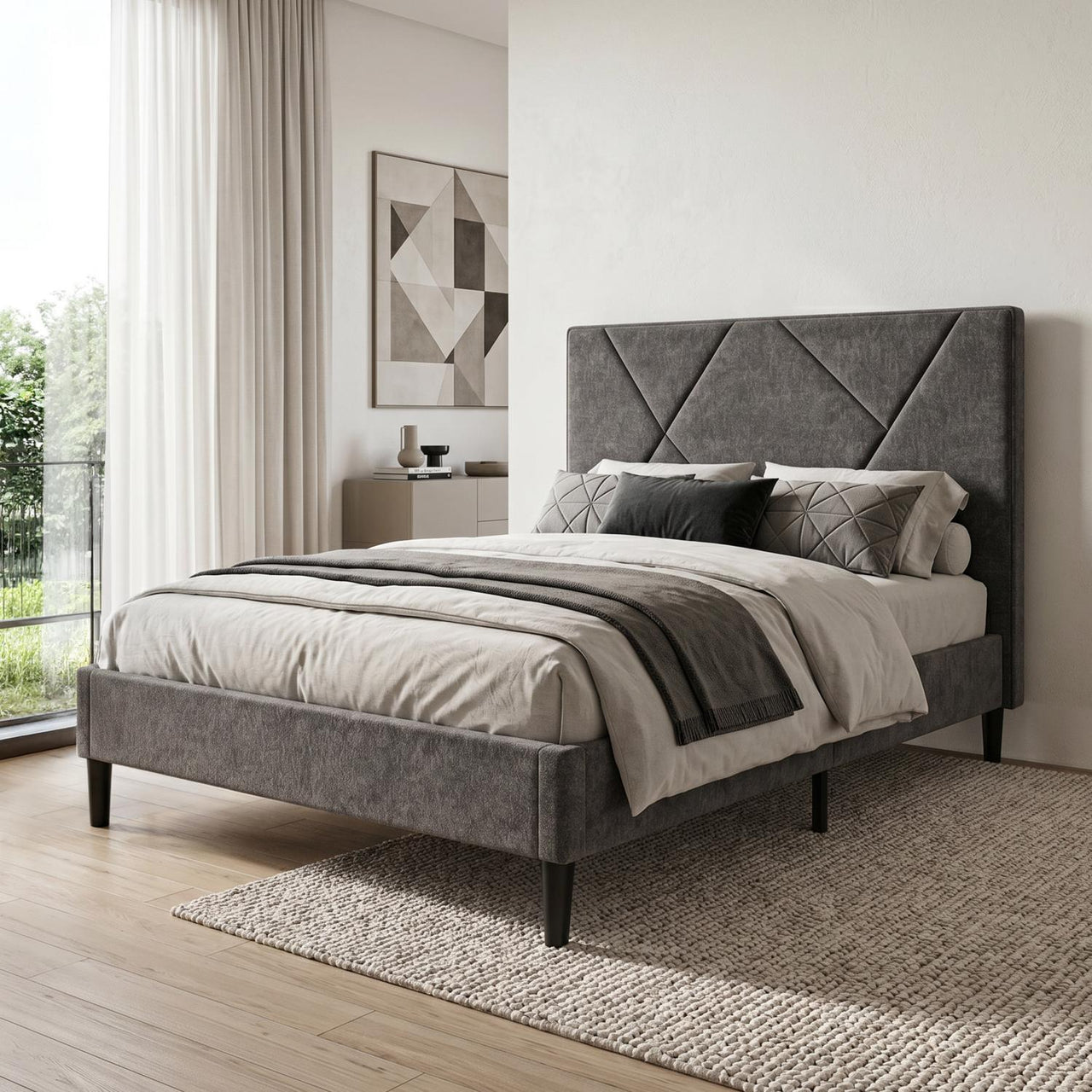Base Cama Matrimonial Madera Cabecera Tapizada Resistente