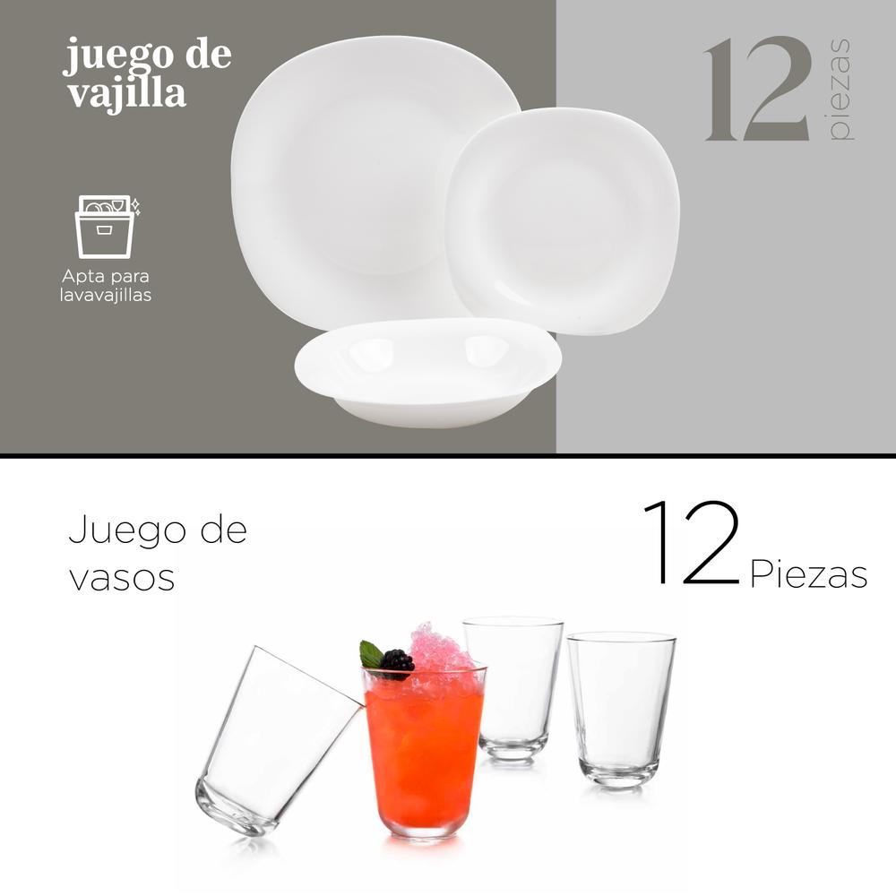 Vajilla 24 Piezas Opal Moderna Cuadrada Vasos Vidrio Calypso