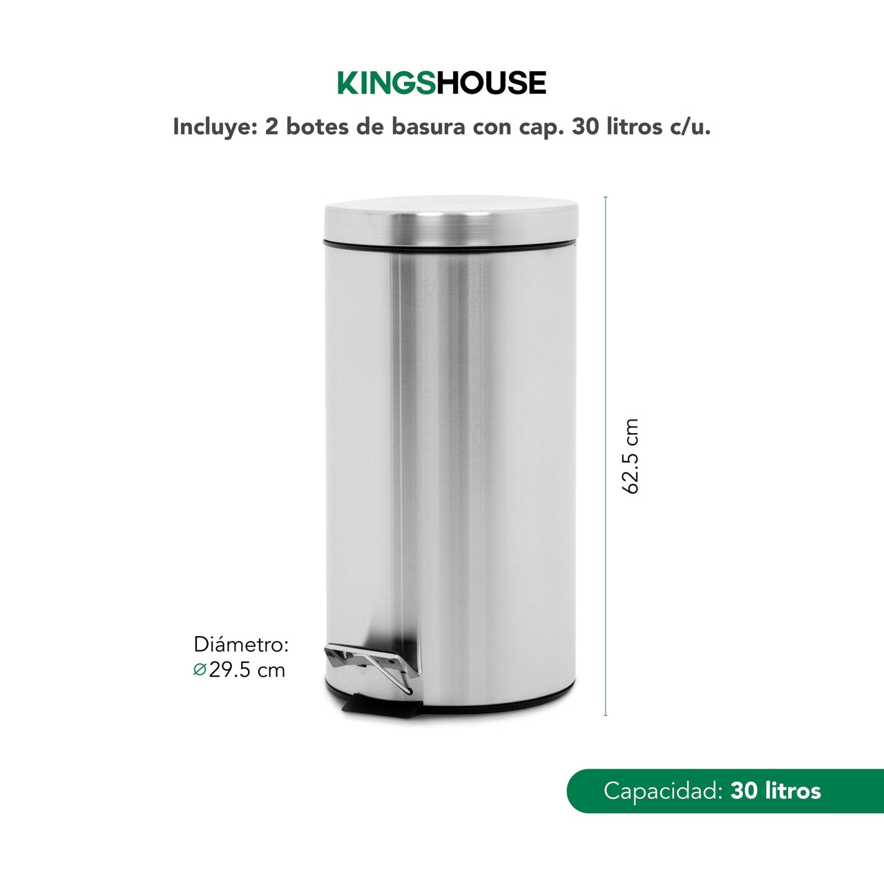 2 Botes de Basura Con Pedal Acero Inoxidable Cocina Baño 30L