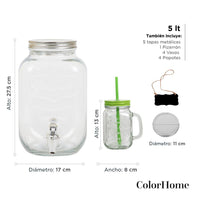 Thumbnail for Juego De Dispensador 5 Litros Bebidas Mason Jar Con 4 Vasos