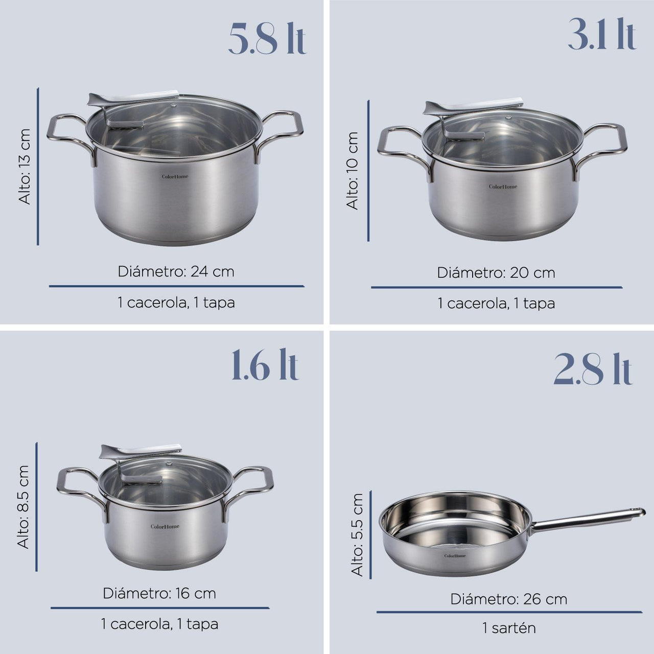Batería de Cocina Acero Inoxidable 7 Piezas ColorHome