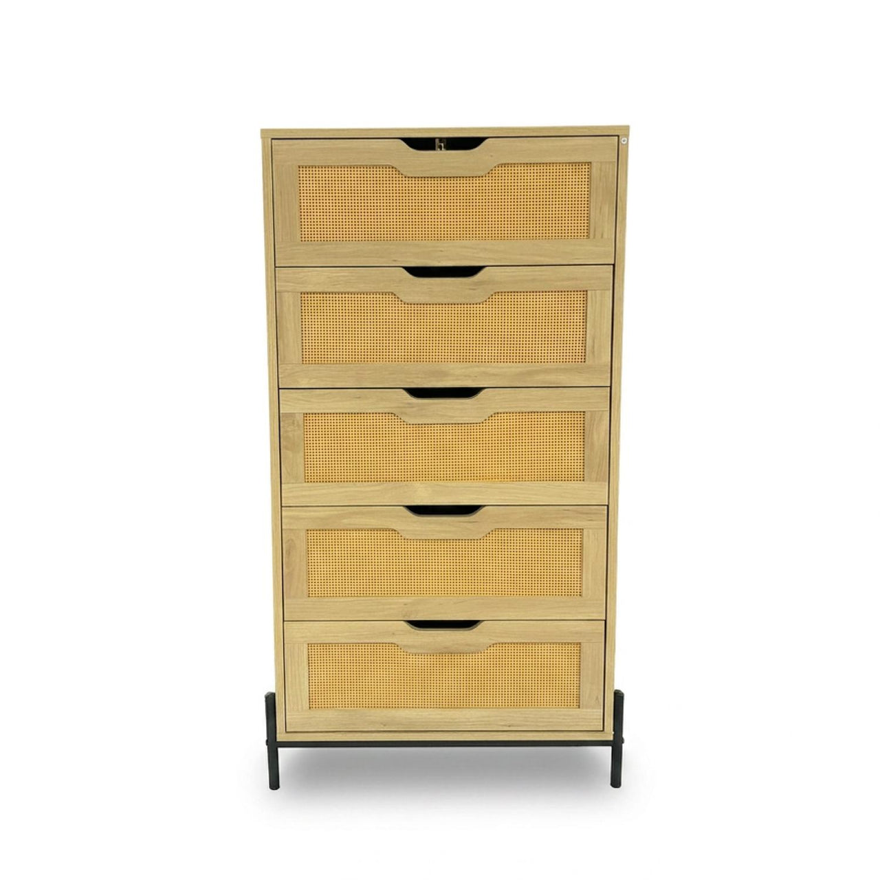 Cómoda Cajonera Moderna con 5 Cajones de Madera y Ratán
