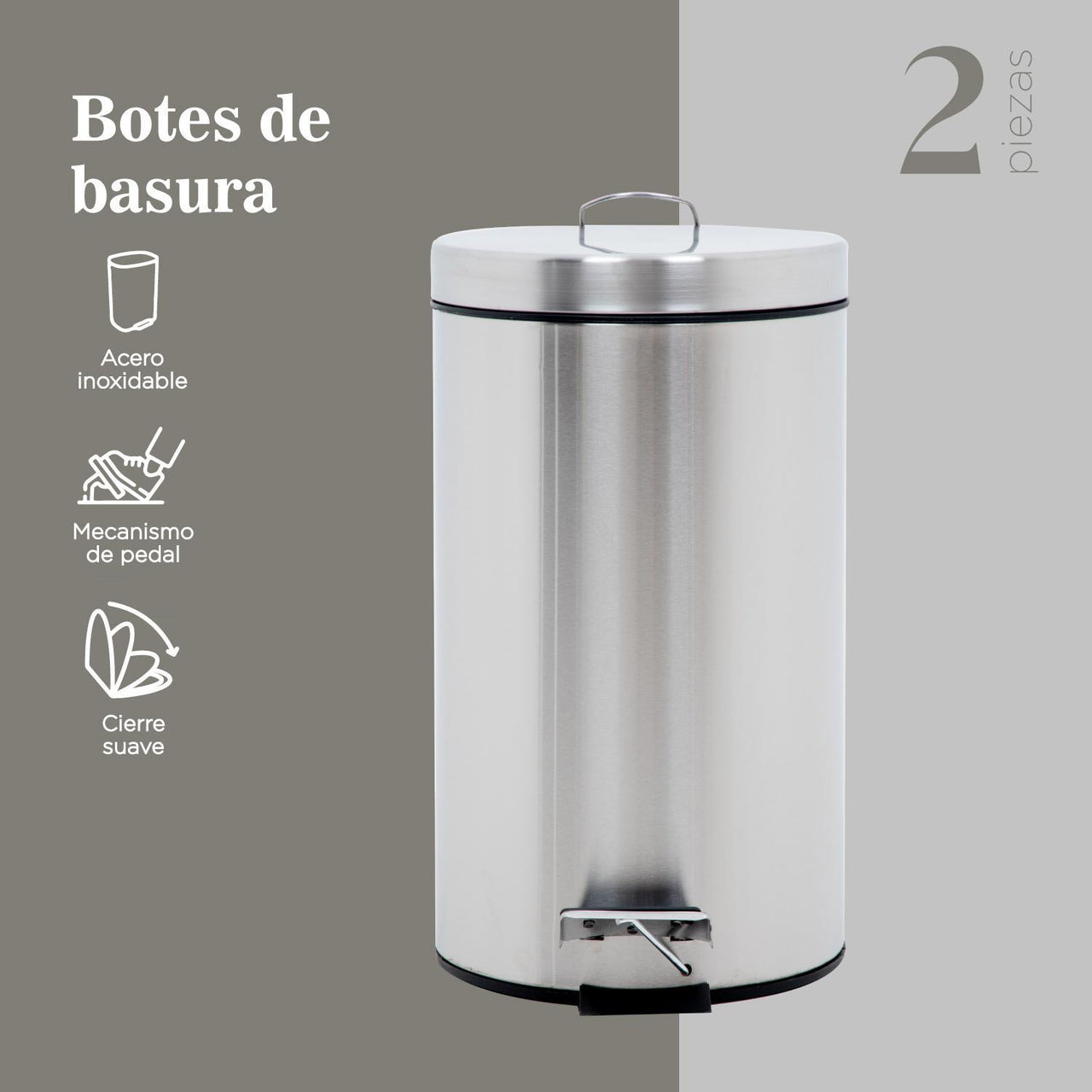 Botes de Basura 12L Metalico Acero Inox C/Pedal Cocina 2pzas