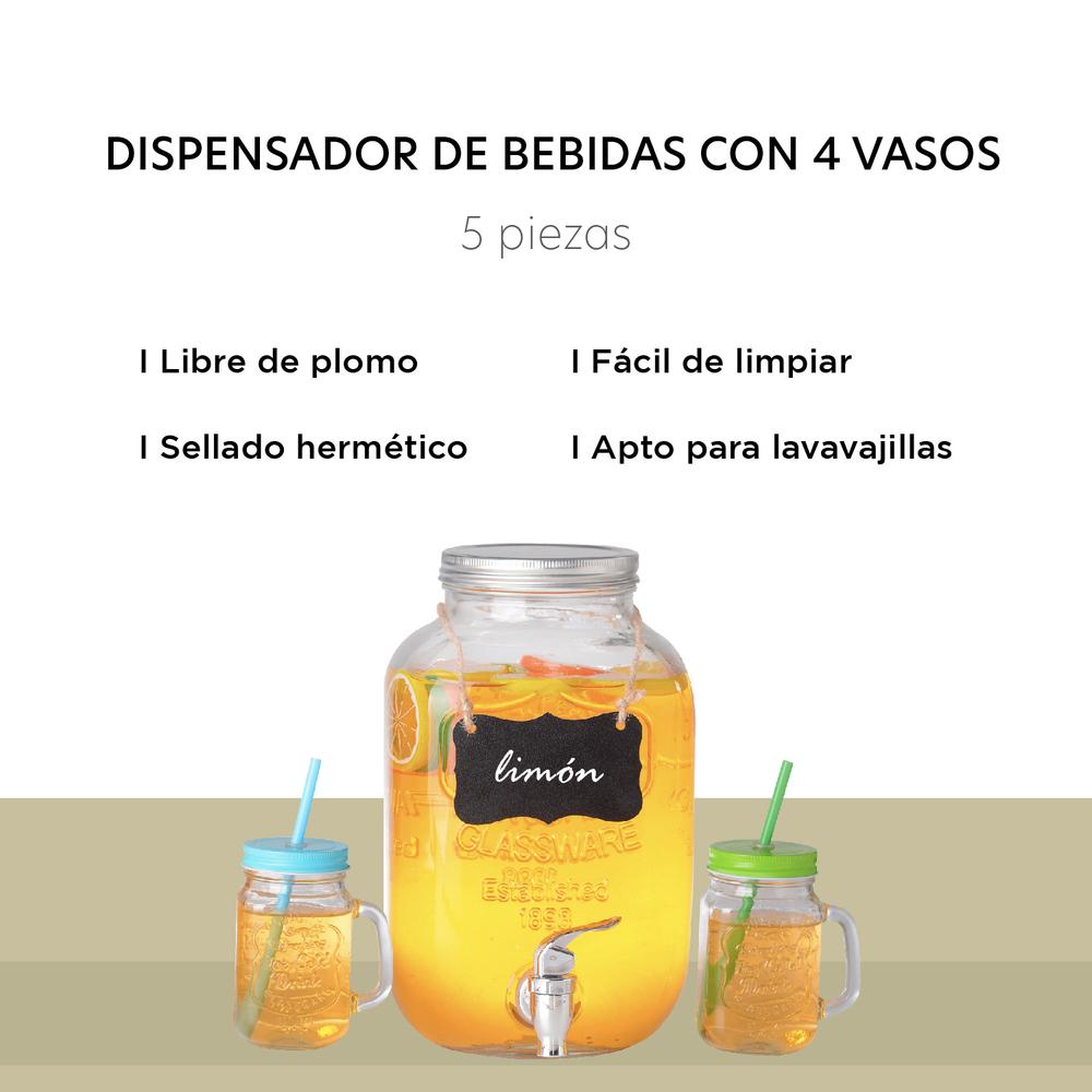 Juego De Dispensador 5 Litros Bebidas Mason Jar Con 4 Vasos