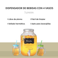 Thumbnail for Juego De Dispensador 5 Litros Bebidas Mason Jar Con 4 Vasos