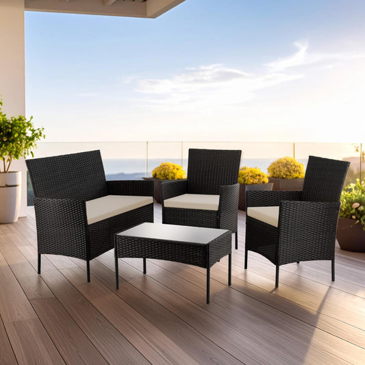 Sala para Exteriores Jardin de Mimbre Negro Cojines Beige