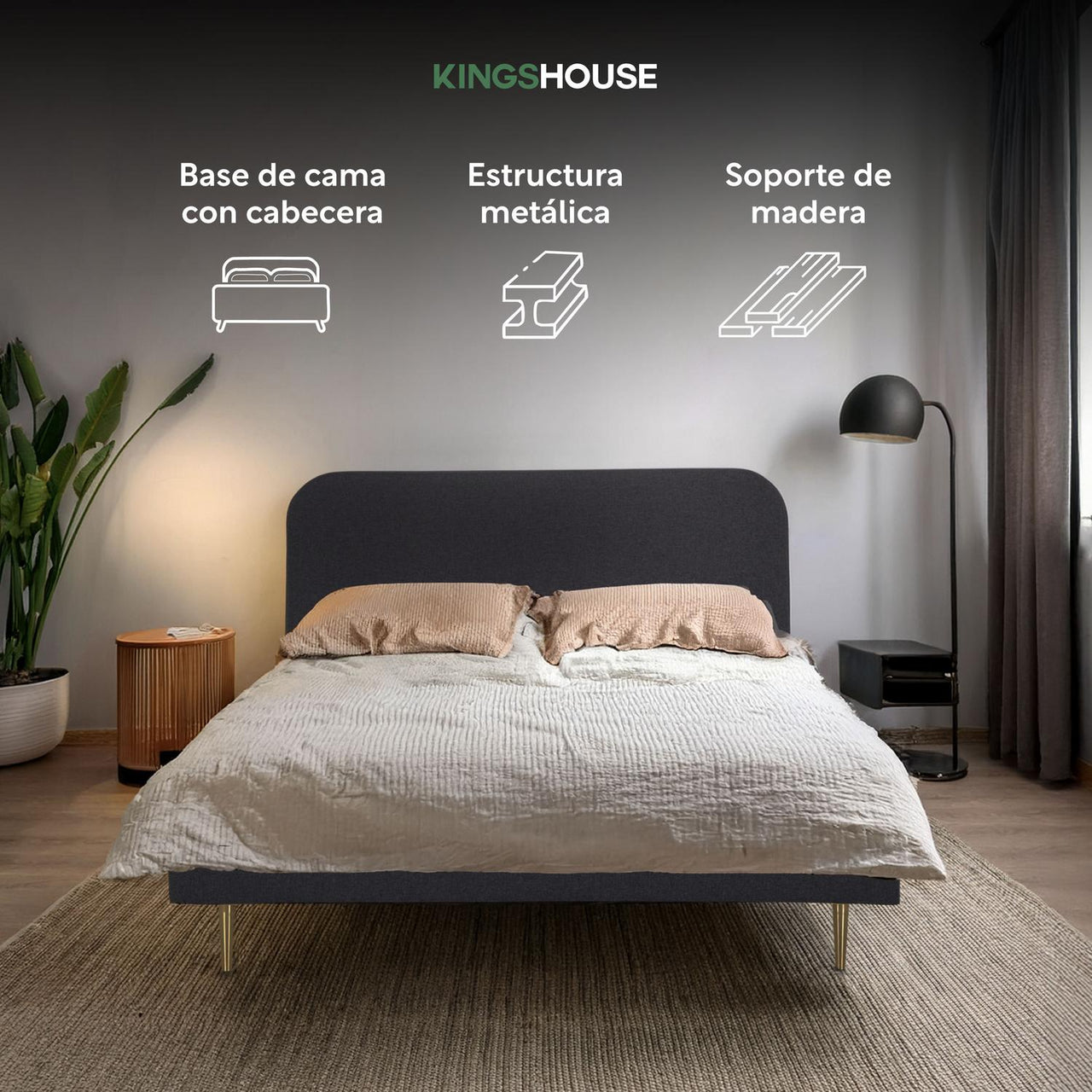 Base Cama Matrimonial Con Cabecera Tapizada Box Metal Madera