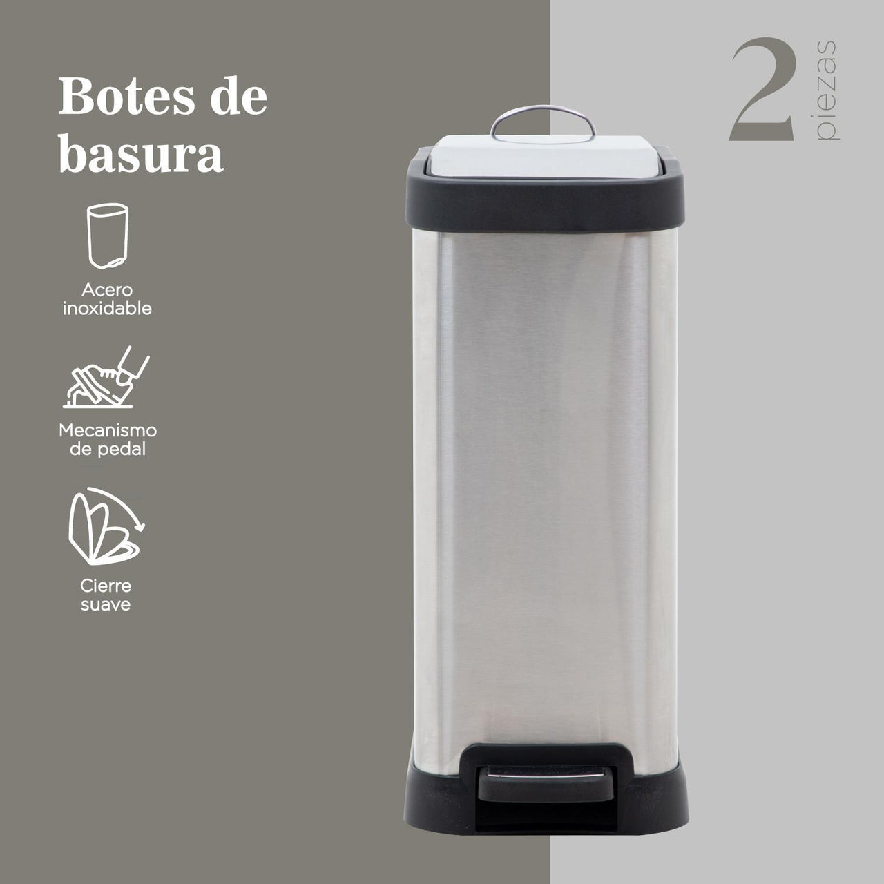 Botes de Basura 8L Acero Inox Metalico C/Pedal Cocina 2pzas