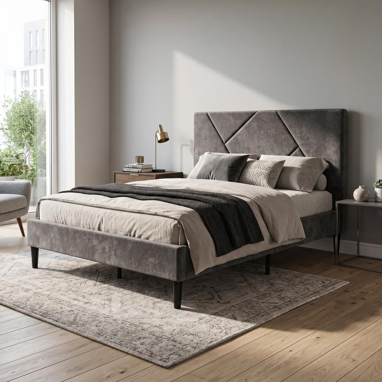 Base Cama Queen Size Madera con Cabecera Tapizada Resistente