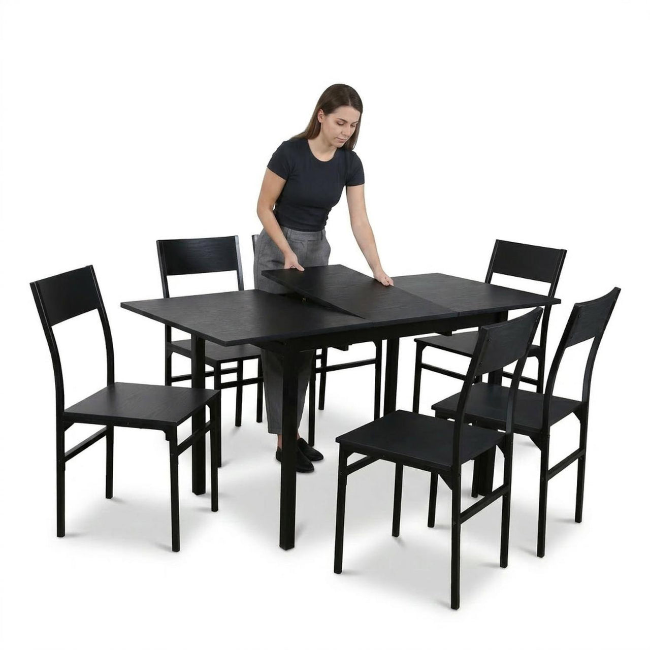 Comedor Mesa Extensible Rectangular 6 Sillas Madera y Metal