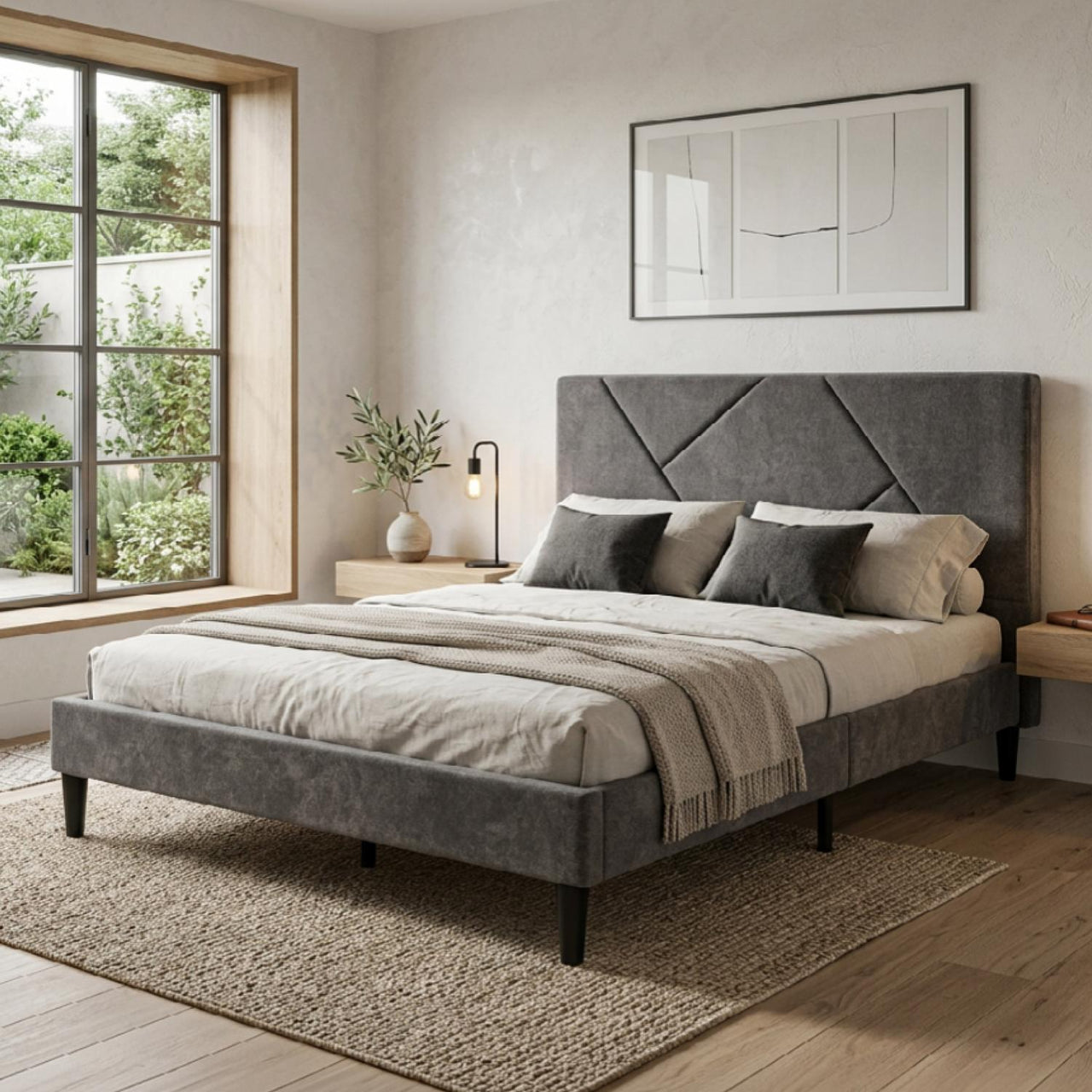 Base Cama King Size Madera con Cabecera Tapizada Resistente