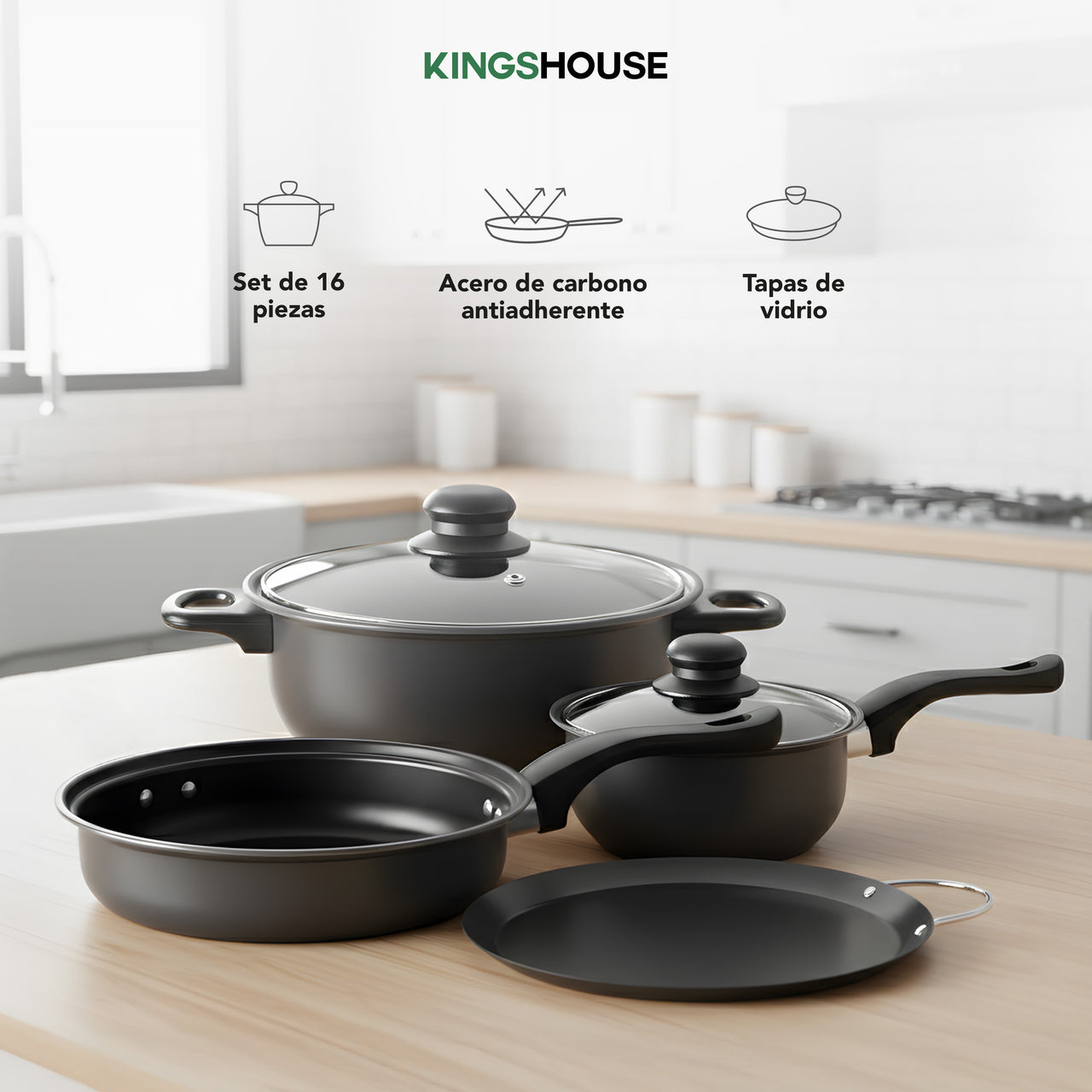 Juego de Ollas, Sartenes, Comal y Utensilios Cocina 16 Pzas