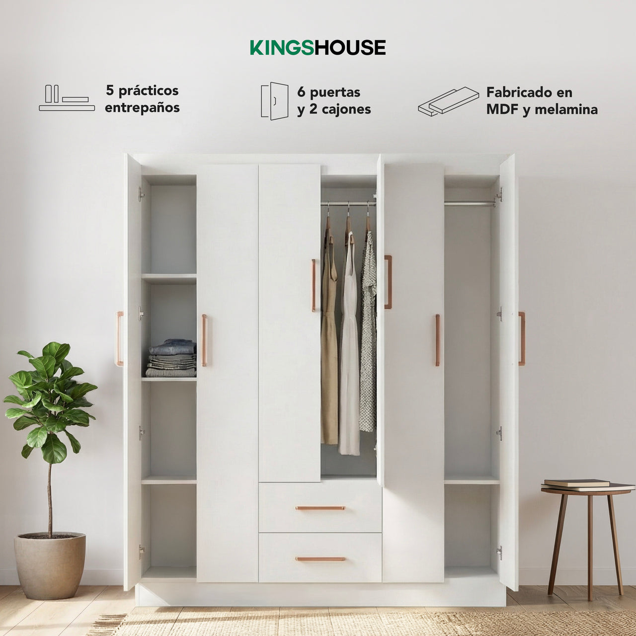 Ropero Closet Armario Ropa de Madera 6 Puertas y 2 Cajones