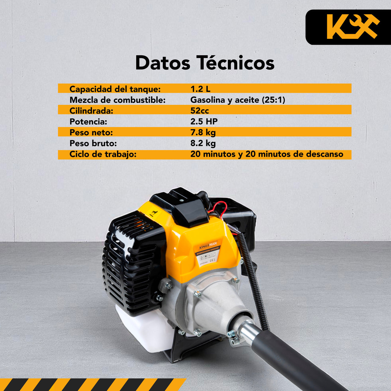 Desbrozadora Desmalezadora 52cc Motor 2 tiempos 2.5 HP + Carrete Hilo Amarillo KIND5200 Kingsman