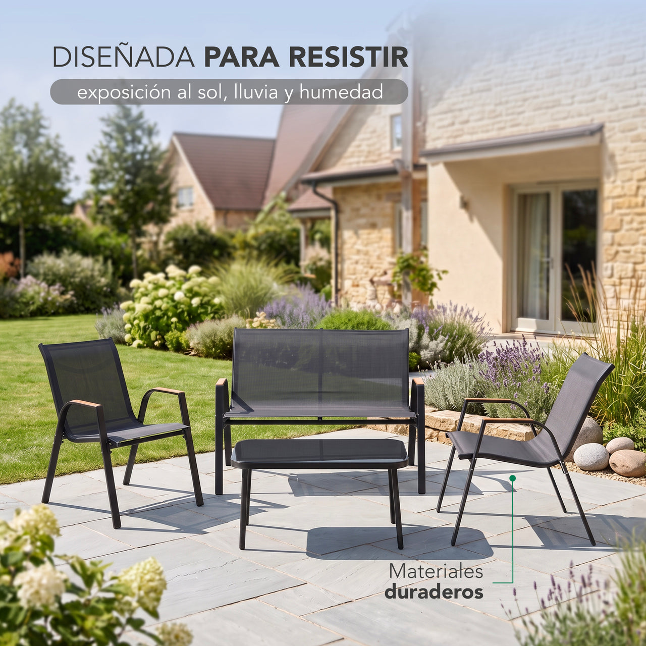 Sala Exterior Jardín Patio 4 Piezas Mesa De Vidrio