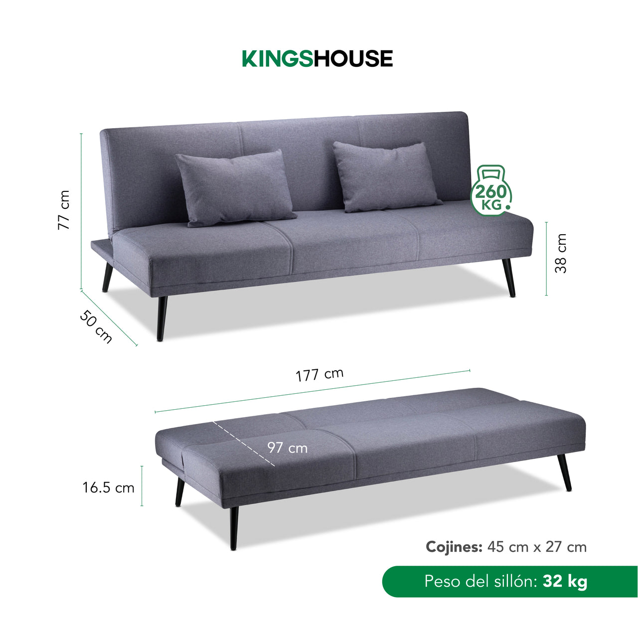 Sofá Cama Individual Reclinable Plegable de 3 Posiciones