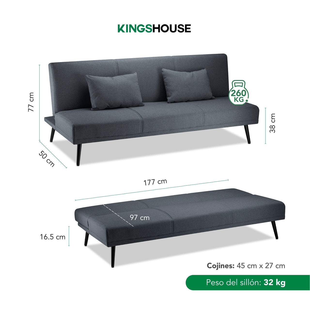 Sofá Cama Individual Reclinable Plegable de 3 Posiciones