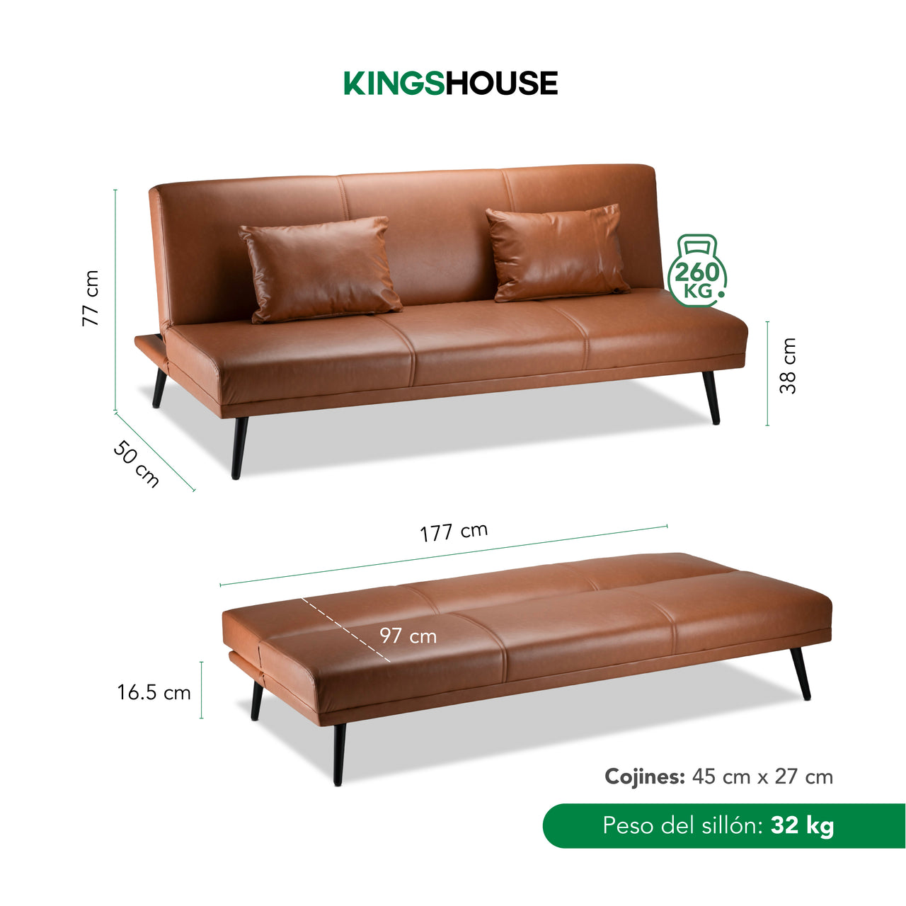 Sofá Cama Individual Reclinable Plegable de 3 Posiciones