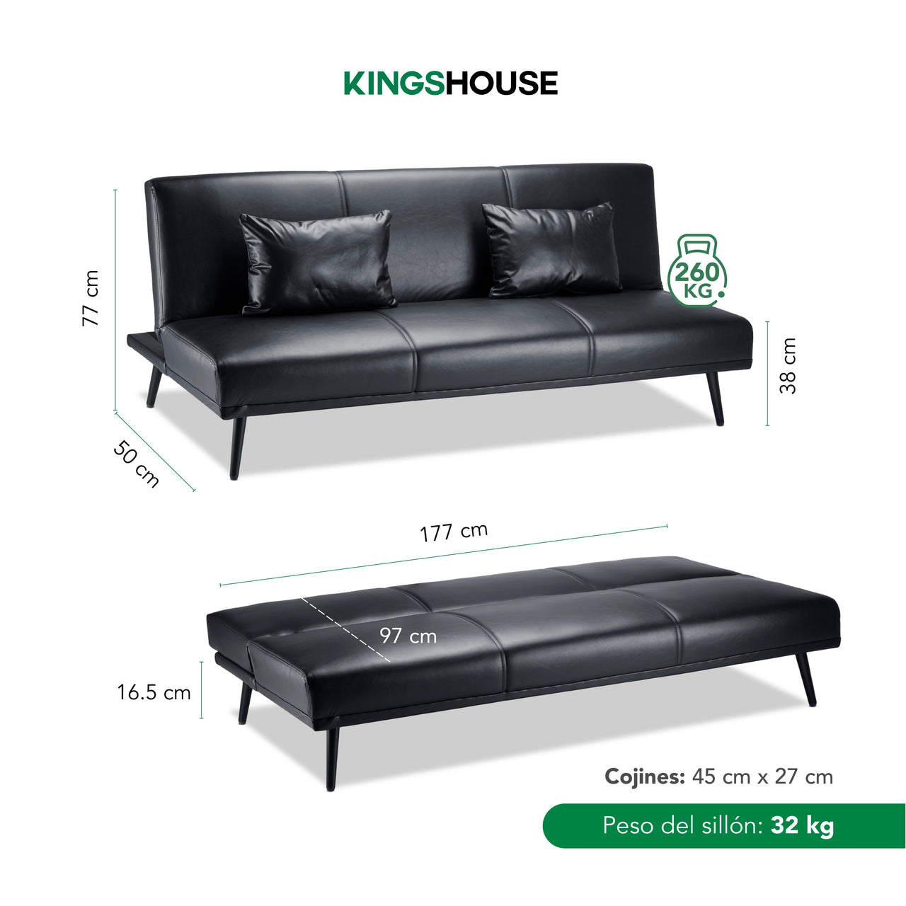 Sofá Cama Individual Reclinable Plegable de 3 Posiciones