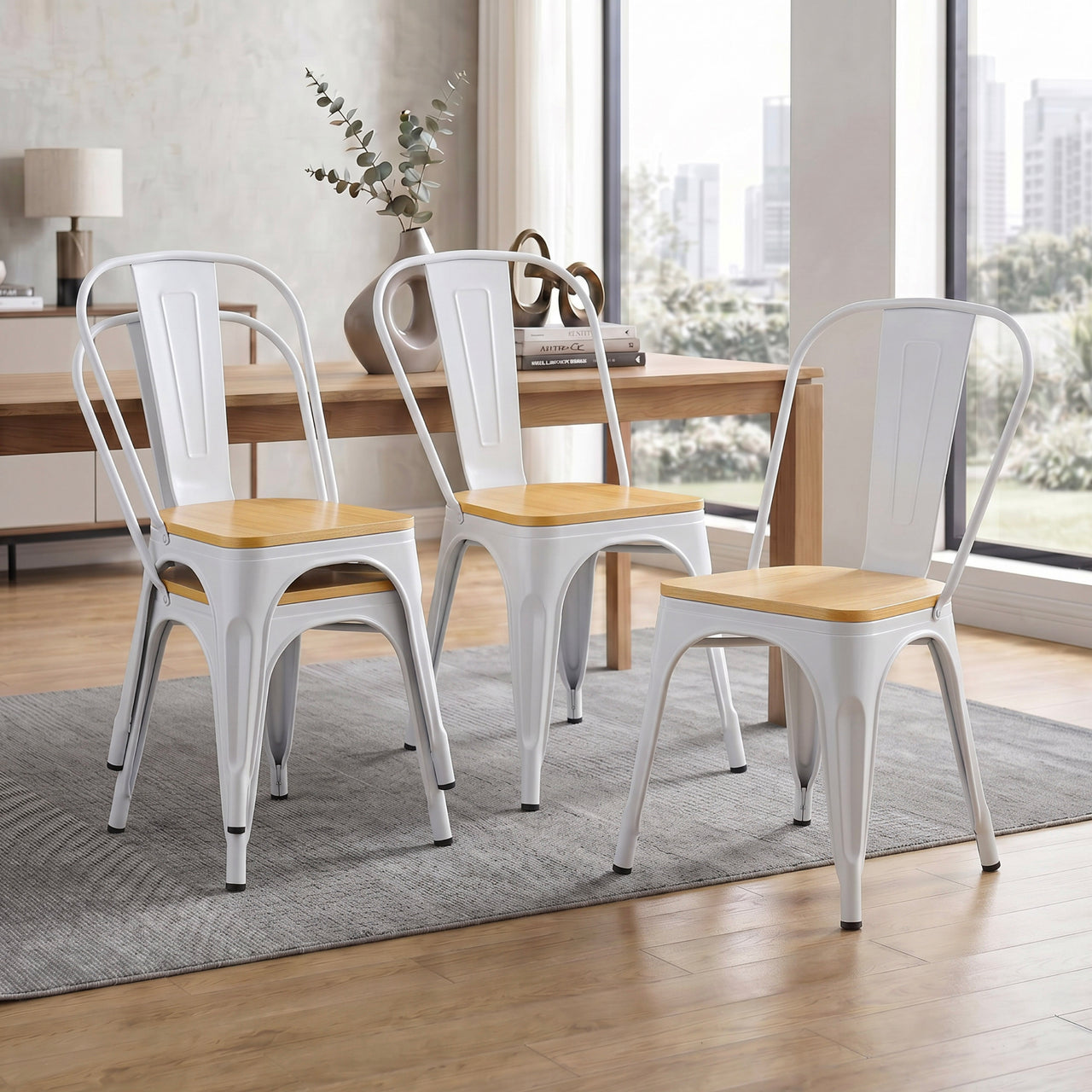 Set De 4 Sillas Tolix Con Asiento De Madera Metalica Acero