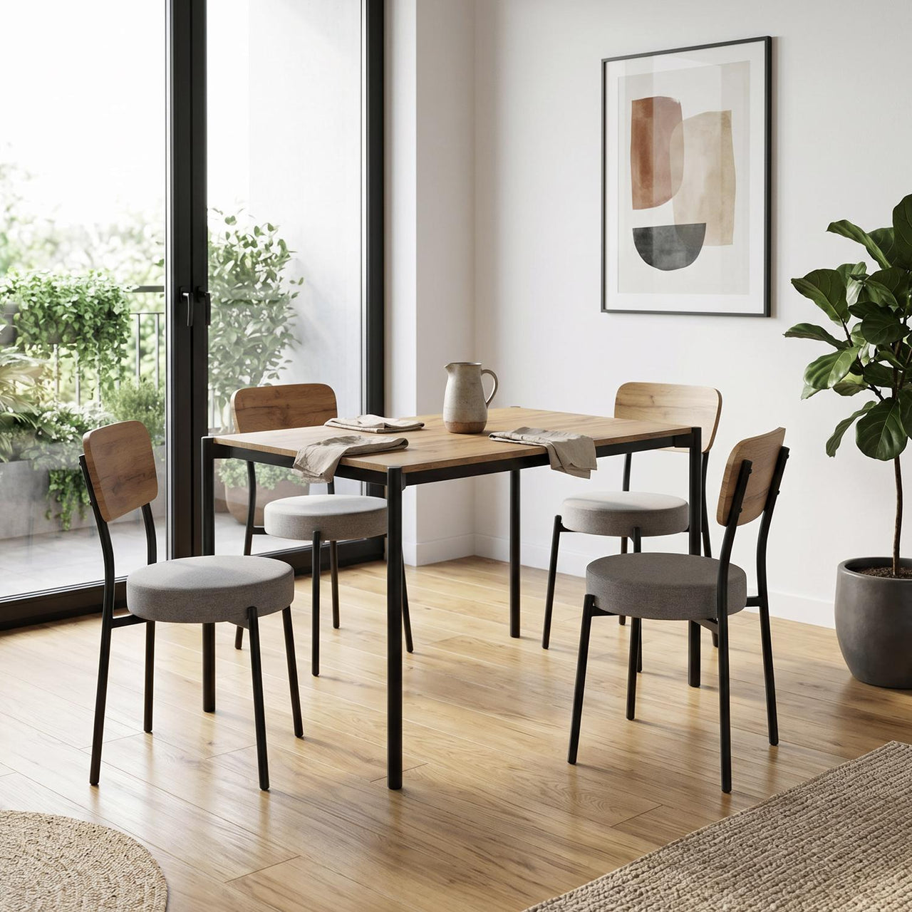 Juego de Comedor 4 Sillas y Mesa Rectangular Madera Metal