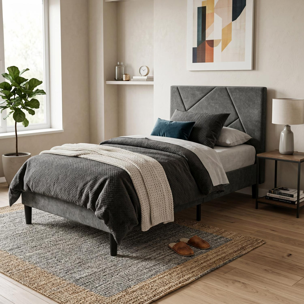 Base Cama Individual Madera con Cabecera Tapizada Resistente