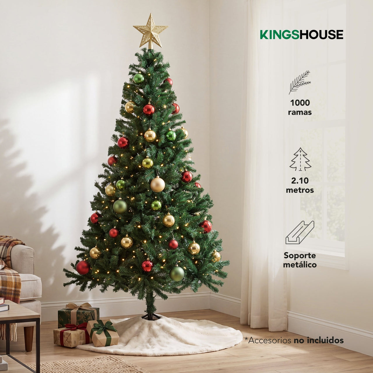 Árbol Pino Navidad 2.10 m Artificial 1000 Ramas con Soporte